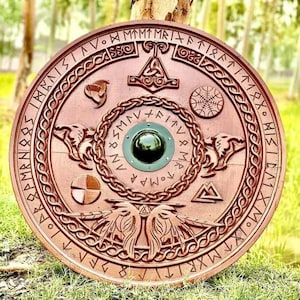Viking Shield with Norse Runes | Handcrafted Wooden Shield | Viking Warrior Round Shield | Norse Mythology Decor | Gift For Husband