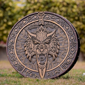 Medieval Viking Wolf Shield, Fenrir Wood Carved Viking Gift, Viking Wall Decor, Viking Round Shield, Christmas Gift & Wedding Gift and LARP