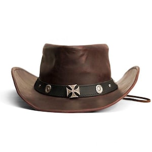 Men&#39;s Leather Cowboy Hat | Brown Western Hat with Cross | Handcrafted Outback Hat | Stylish Rodeo Accessory | Durable Leather Hat