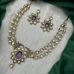 Golden Purple Moissanite Kundan Kamal Victorian Set, Kundan Traditional Necklace Set For Women Party Wear Bollywood Bridal Wear