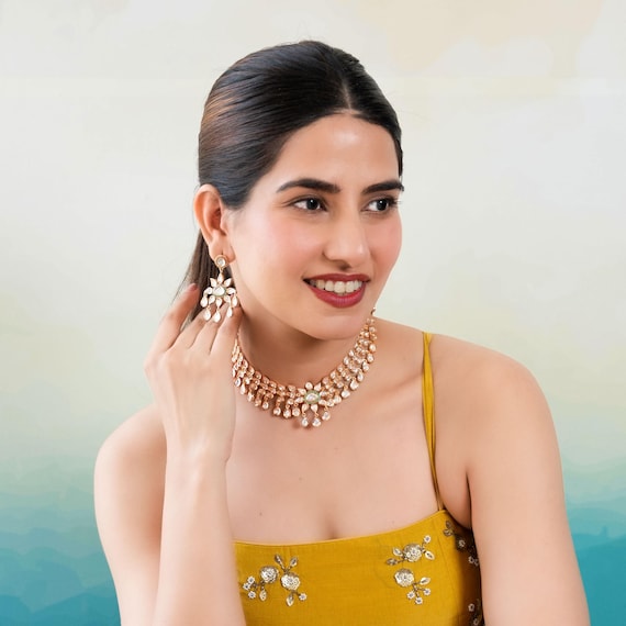 Golden Kundan Jewelry Set Floral Vine Necklace Set for Women, Traditional Indian Kundan Jewelry Wear, Necklace Set for Women