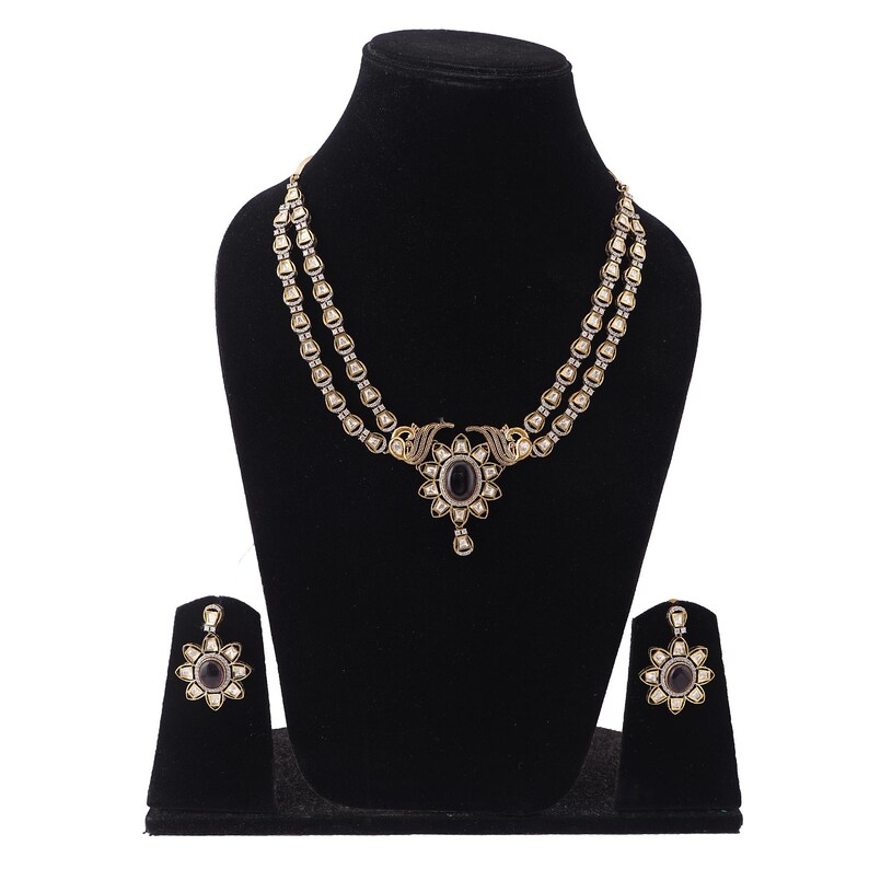 Golden Purple Moissanite Kundan Kamal Victorian Set, Kundan Traditional Necklace Set For Women Party Wear Bollywood Bridal Wear