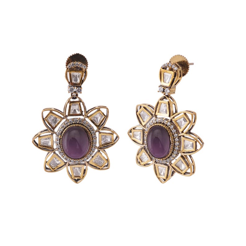 Golden Purple Moissanite Kundan Kamal Victorian Set, Kundan Traditional Necklace Set For Women Party Wear Bollywood Bridal Wear