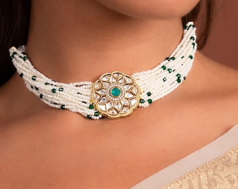 Pearl Kundan Choker: Emerald Indian Bridal Necklace Set