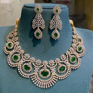 Green Emerald Radiance Necklace Set, American Diamond Bridal Jewelry Earring, Bridal Jewelry Set, Indian wedding jewelry Finish Necklace