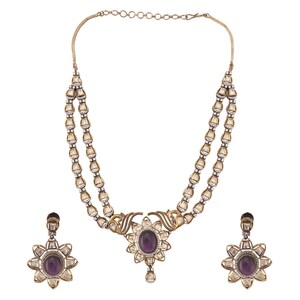 Golden Purple Moissanite Kundan Kamal Victorian Set, Kundan Traditional Necklace Set For Women Party Wear Bollywood Bridal Wear