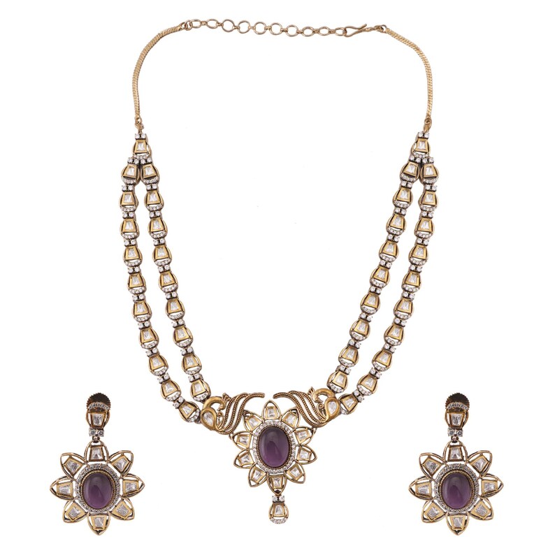 Golden Purple Moissanite Kundan Kamal Victorian Set, Kundan Traditional Necklace Set For Women Party Wear Bollywood Bridal Wear