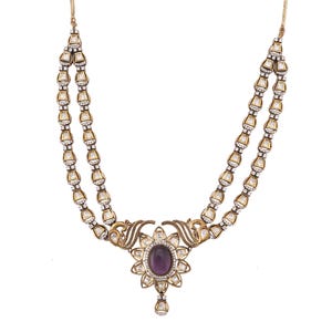 Golden Purple Moissanite Kundan Kamal Victorian Set, Kundan Traditional Necklace Set For Women Party Wear Bollywood Bridal Wear
