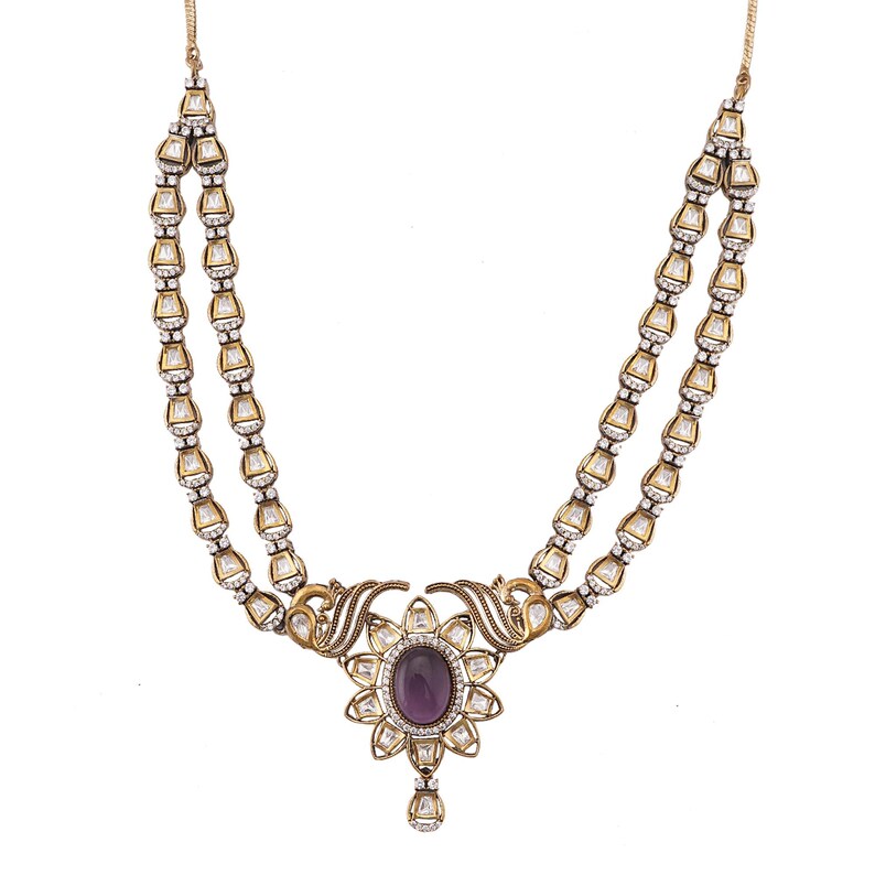 Golden Purple Moissanite Kundan Kamal Victorian Set, Kundan Traditional Necklace Set For Women Party Wear Bollywood Bridal Wear