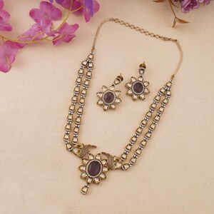 Golden Purple Moissanite Kundan Kamal Victorian Set, Kundan Traditional Necklace Set For Women Party Wear Bollywood Bridal Wear