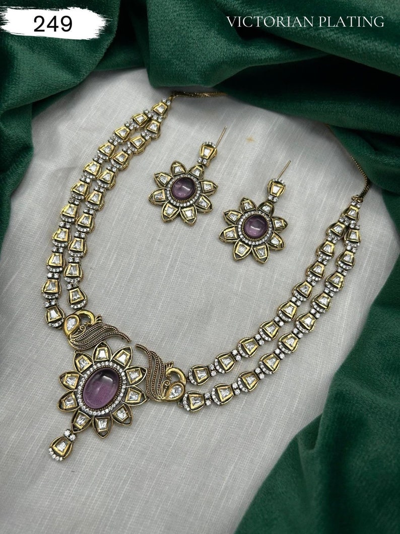 Golden Purple Moissanite Kundan Kamal Victorian Set, Kundan Traditional Necklace Set For Women Party Wear Bollywood Bridal Wear