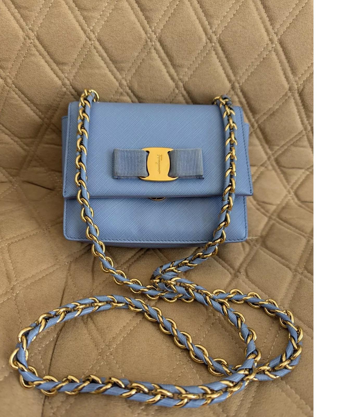 Salvatore Ferragamo Vara Bow Womens Pale Blue Leather Chain Crossbody Mini Bag Shoulder Evening Purse Bag Size 6 X 4.5 X 1.5 Original Etsy Ireland