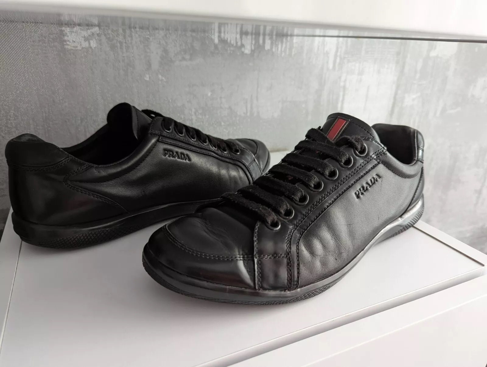 PRADA Mens Black Leather Low Top Lace up Sneakers Trainers Shoes Model Code 4E2439 Size Us 8.5 by Prada Uk Size 7.5 Eu 41.5 Rare Etsy UK