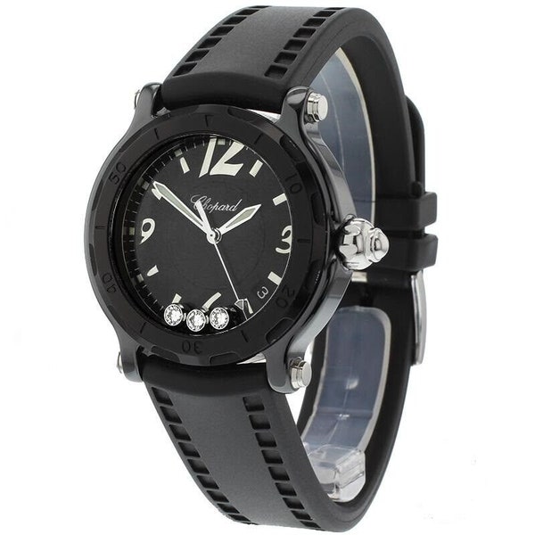 Chopard Happy Sport Limited Edition 0645/3000 Womens Black Ceramic 3 Diamond Quartz Watch, 100% Authentic, Very Good Condition Original Rare
