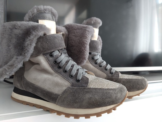 Brunello Cucinelli Womens Fur High Top Sneakers Winter Boots Gray Suede Shoes Trainers 100 Authentic Size EU 37 US 7 Insole 23 Cm Rare Etsy
