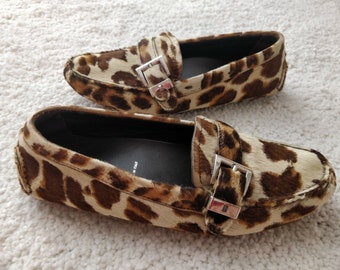 Prada Pony Hair Leopard Womens Flats Shoes Moccasins Loafers Ballet Leather 100% Authentic, Condition Good, Size EU 35, US 5, Original, Rare