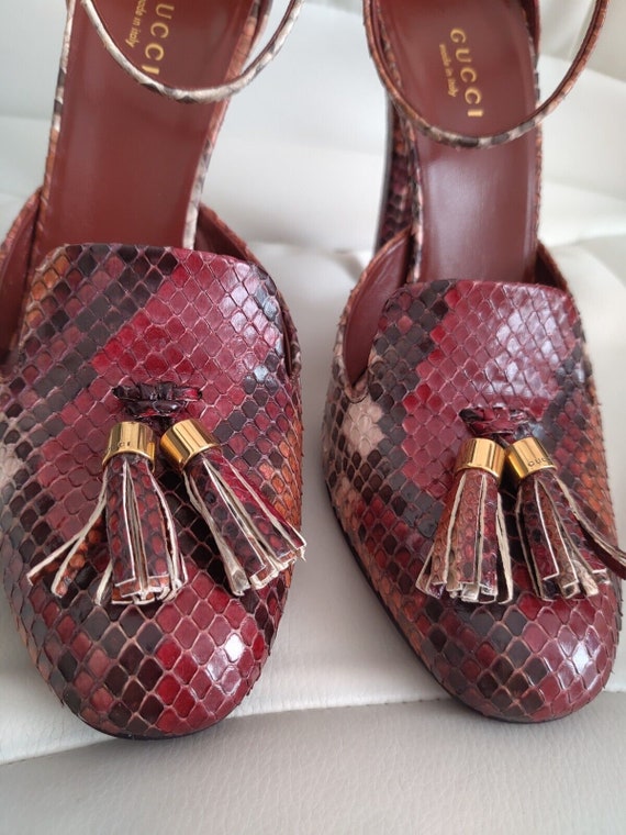 Gucci Python Mischa Ankle Strap Tassel Pumps Maro… - image 10
