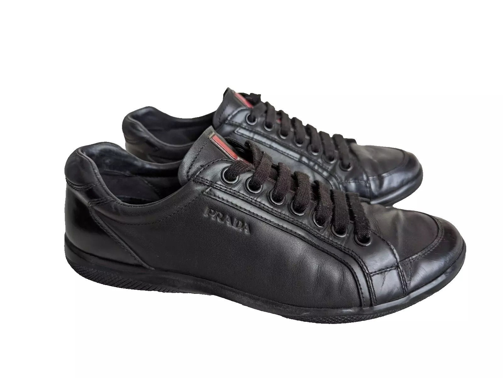 PRADA Mens Black Leather Low Top Lace up Sneakers Trainers PRADA Mens Black Leather Low Top Lace up Sneakers Trainers