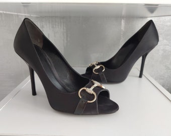 Gucci Black Satin Pumps Rhinestone Horsebit Heels Crystal Shoes Peep Toe 132460 100% Authentic Good Condition, Size EU 38.5 US 8.5, Original