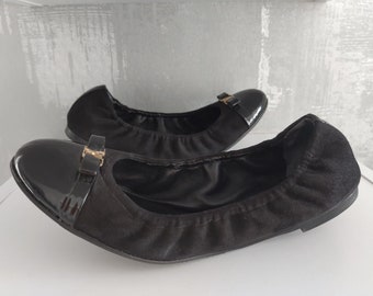 Louis Vuitton LV Logo Womens Black Suede Ballet Patent Leather Elba Elastic Ballerina Flats Shoes Scrunch 100% Authentic Size EU 37.5 US 7.5