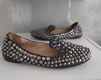 Prada Studded Crystals Black Leather Slip On Smoking Loafers Flats Shoes Womens Slippers 100% Authentic Size EU 36 US 6 Condition Good, Rare