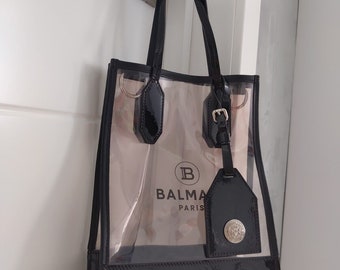 BALMAIN Womens Transparent Print Logo Small Tote PVC Clear Black Patent Leather Shopping Bag Top Handle Satchel Purse Handbag, Original Rare