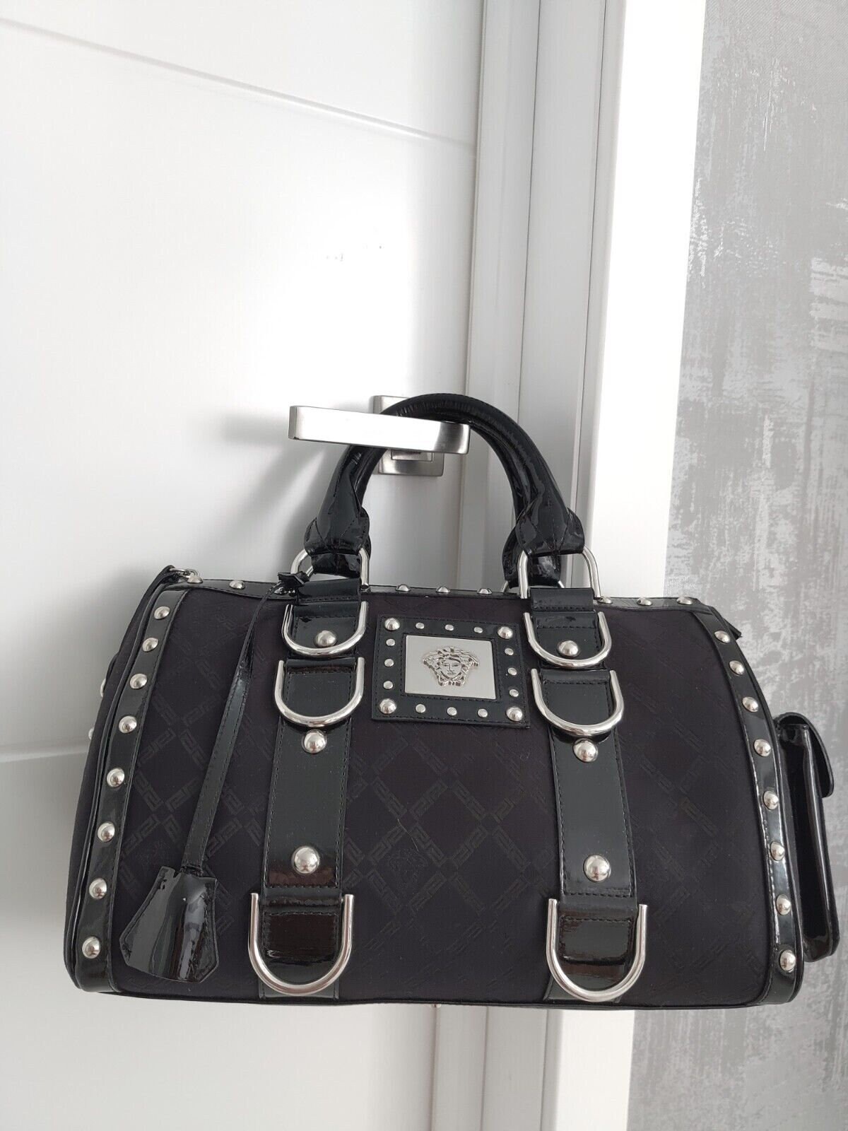 Gianni Versace Madonna Greek Key Medusa Black Monogram Fabric Patent Leather Studded Top Handle Bag Boston Bowler Tote Doctor Handbag Etsy