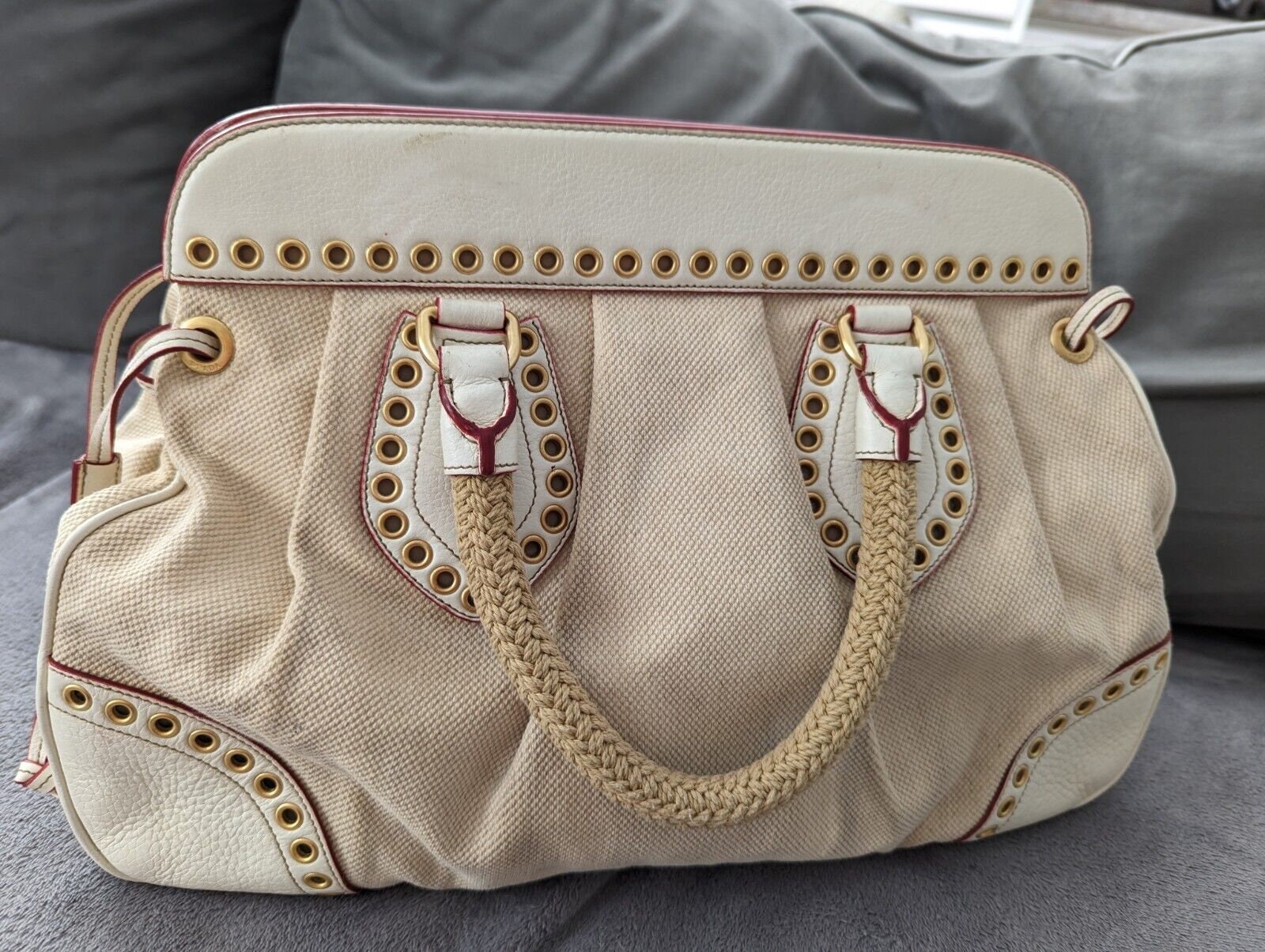 PRADA Vintage Cloth Canvas Ecru Cream Color Ivory Leather
