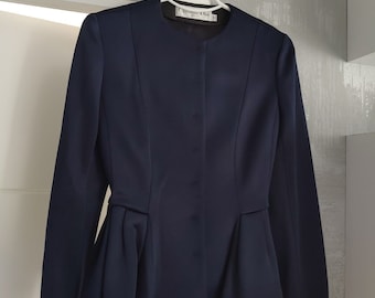 Christian Dior Peplum Blazer Viscose Collarless Suit Jacket Midnight Blue Navy, 100% Authentic, Rare, Size Small, Condition Very Good, Origi