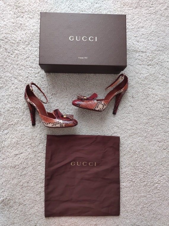 Gucci Python Mischa Ankle Strap Tassel Pumps Maro… - image 6