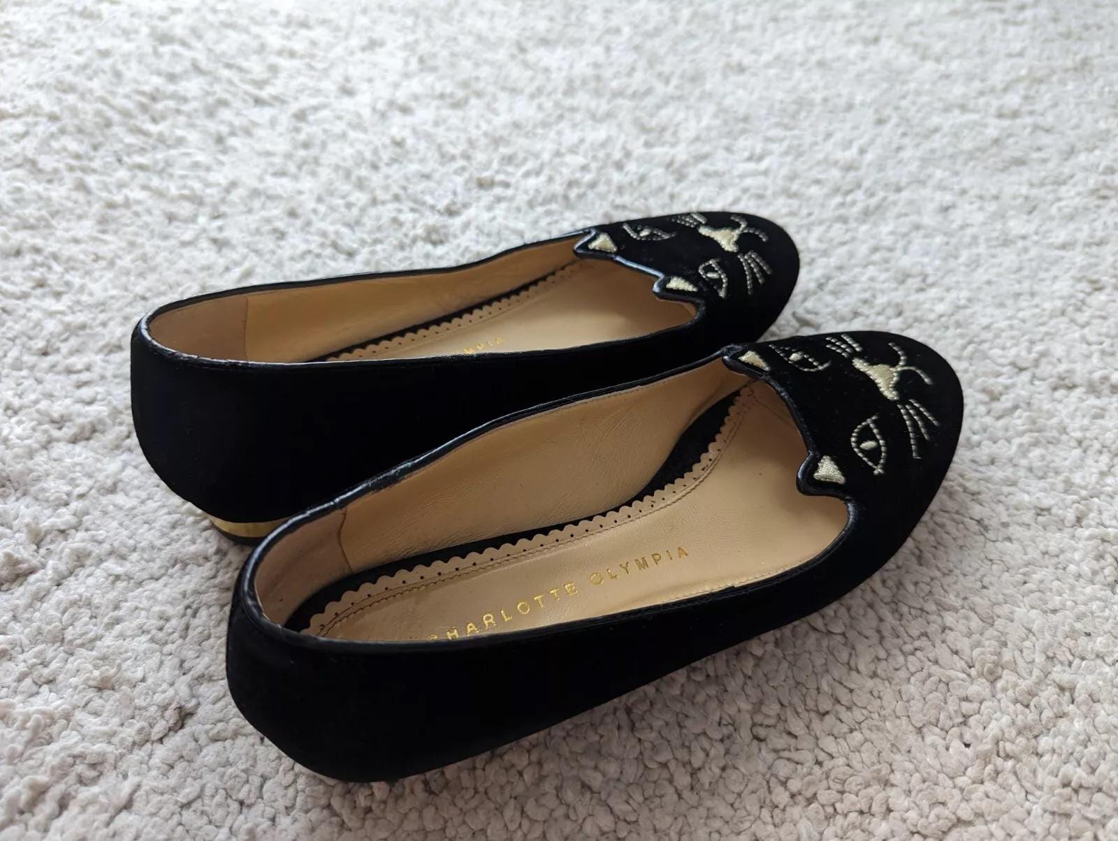 Charlotte Olympia Kitty Cat Womens Black Velvet Velor Ballet