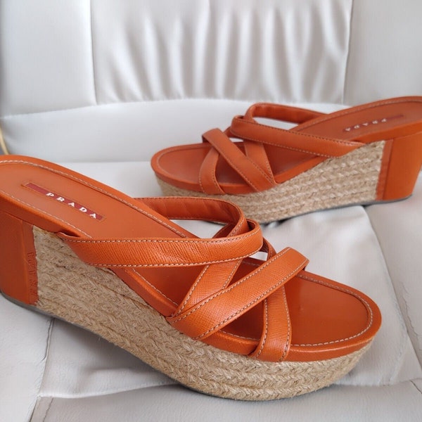 Prada Calzature Donna Saffiano Orange Leather Heels Wedge Platform Sandals Shoes Mules Slide 100% Authentic SizeItaly 39 US 9 Good Condition