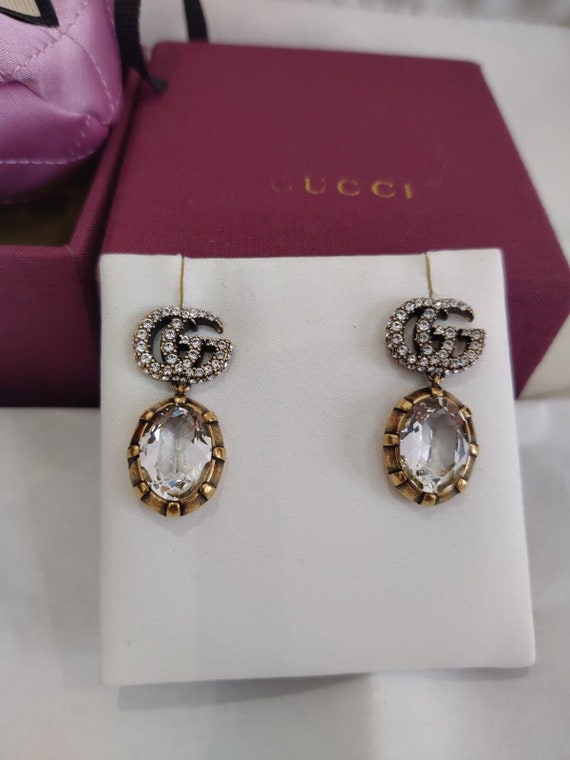 Gucci Double GG Marmont Crystal Stone Gold Silver Tone Verfraaid Drop Oorbellen 100 Authentiek Zeer goede staat Origineel Zeldzaam Retro Etsy Nederland
