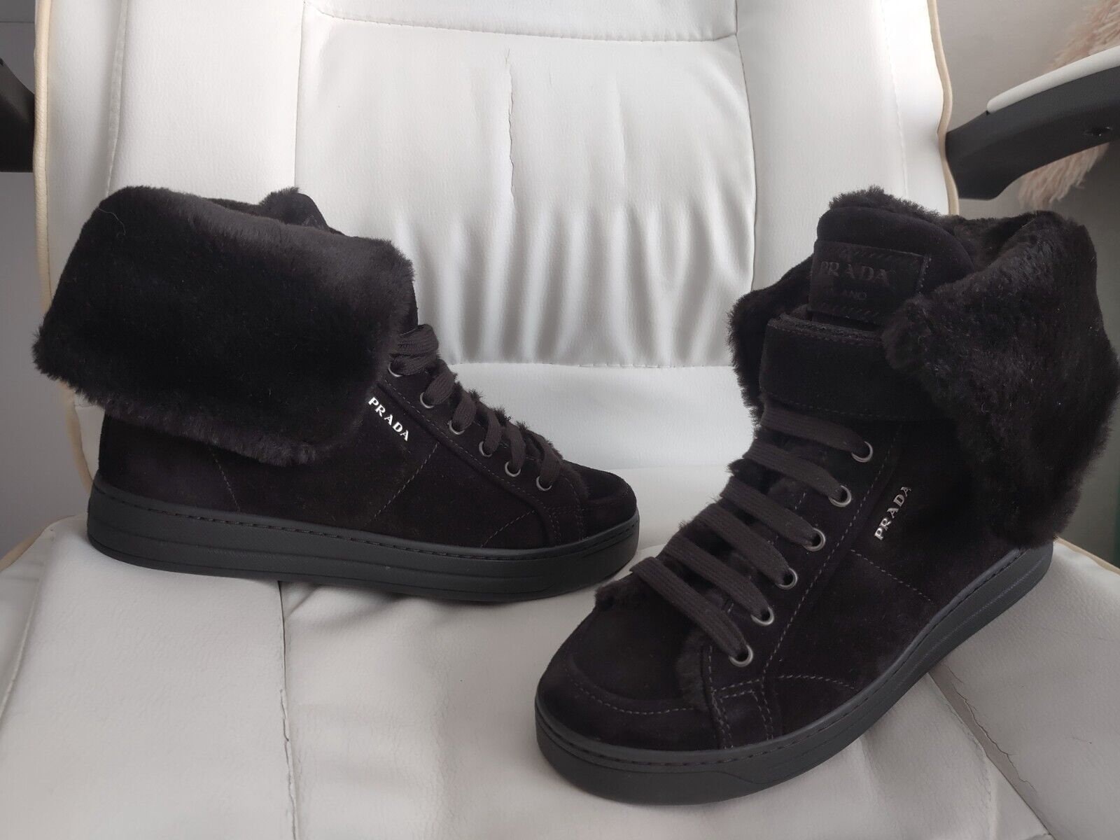 PRADA Womens High Top Sneakers Boots Black Suede Shoes Fur Trainers 100 Authentic Condition Very Good Size EU 35.5 US 5.5 Original Rare Etsy UK