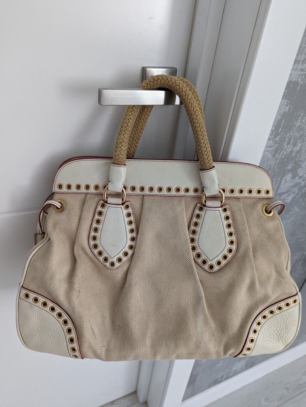 PRADA Vintage Cloth Canvas Ecru Cream Color Ivory Leather