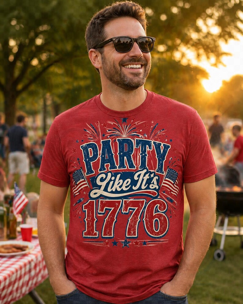 May include: Red t-shirt with the text "PARTY Like It's 1776" in blue and white. The design includes fireworks and American flags. The shirt is worn by a person outdoors, with a blurred background of a gathering.