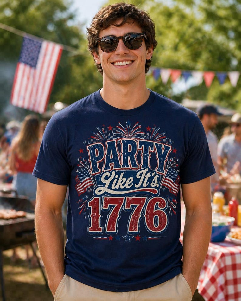 May include: Navy blue t-shirt with the text "PARTY Like It's 1776" in red, white, and blue. The shirt features fireworks and American flags. The person in the image is wearing sunglasses and smiling. An American flag is in the background.