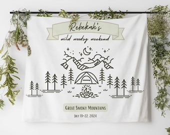 Personalized Camp Bachelorette Party Banner Custom Camping Bachelorette Party Sign Glamping Welcome Backdrop Mountain Bridal Birthday Party