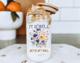 It Is Well Coffee Mug Christian Iced Coffee Cup Bible Verse Glass Tumbler Coffee Mug Glass w Lid Straw Bible Verses Glass Cup Christian Gift