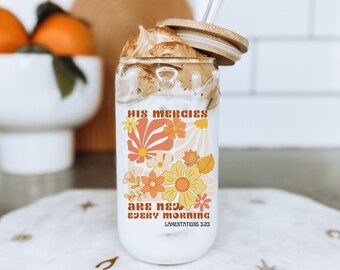 Jesus Coffee Mug Christian Iced Coffee Cup Bible Verse Glass Tumbler Coffee Mug Glass with Lid Straw Bible Verses Glass Cup Christian Gift