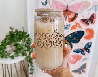 Jesus Coffee Mug Christian Iced Coffee Cup Fueled by Jesus Glass Tumbler Coffee Mug Glass with Lid Straw Jesus Glass Cup Christian Gift