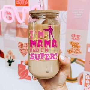 Mom Iced Coffee Glass Cup With Lid and Straw 16oz Glass Can Mom Gift Super Mama Coffee Cup Gift for Mom Mother&#39;s Day Gift Idea New Mom Gift