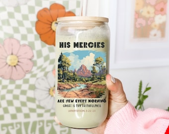 Christian Iced Coffee Cup Faith Based Bible Verse Glass Tumbler Iced Coffee Glass Can w Lid and Straw Bible Verses Glass Cup Christian Gift