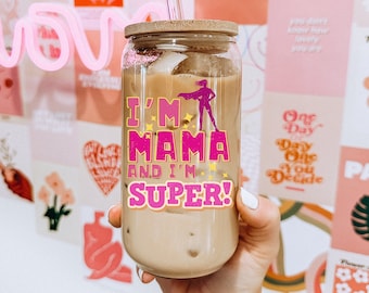 Moeder ijskoffie glazen beker met deksel en rietje 16oz glas kan moeder cadeau Super Mama koffiekopje cadeau voor moeder Moederdag cadeau idee nieuwe moeder cadeau