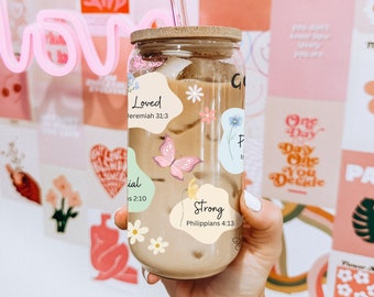 6 Christliche Glasbecher Mit Bambusdeckel – 473 Ml, Bibelverse, Pastellrosa