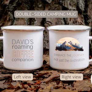 Personalisierte Camp Tasse Camping Berg Kaffeetasse Camp Tasse 12 Unzen Camper Wanderer Van See Kaffeetasse Einzigartiges individuelles Emaille Geschenk für Reiseliebhaber