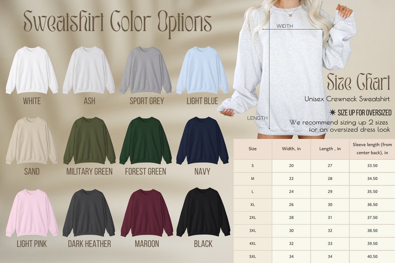 May include: Image of a range of unisex crewneck sweatshirts in colours such as white, grey, and navy. A size chart is included, with measurements in inches for width, length, and sleeve length.