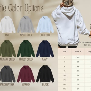 May include: Image displaying a range of hoodie colours: white, ash, sport grey, and light blue. A size chart for unisex hoodies is included, with measurements in inches for width, length, and sleeve length. The text advises to size up for an oversized fit.
