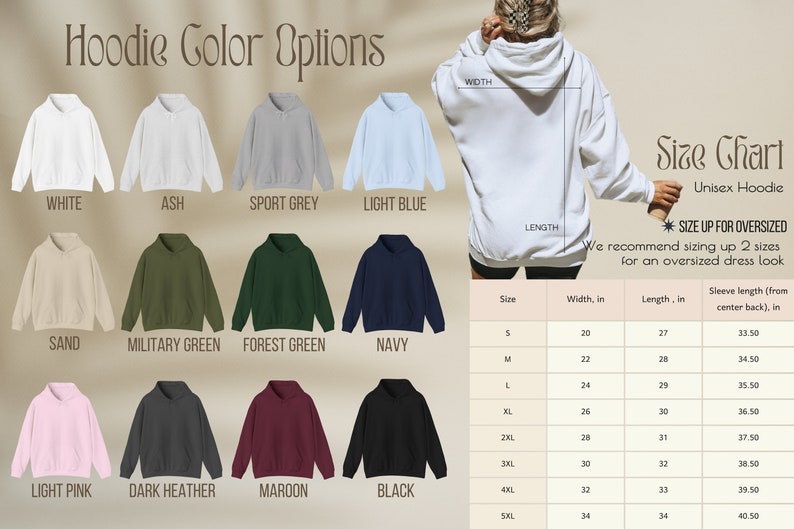 May include: Image displaying a range of hoodie colours: white, ash, sport grey, and light blue. A size chart for unisex hoodies is included, with measurements in inches for width, length, and sleeve length. The text advises to size up for an oversized fit.