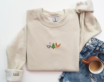 Christmas Chickens Embroidered Sweatshirt Christmas Farm Animals Sweatshirt Christmas Chicken Embroidered Crewneck Christmas Holiday Sweater